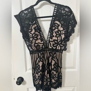Nude Illusion & Black Lace Overlay Romper